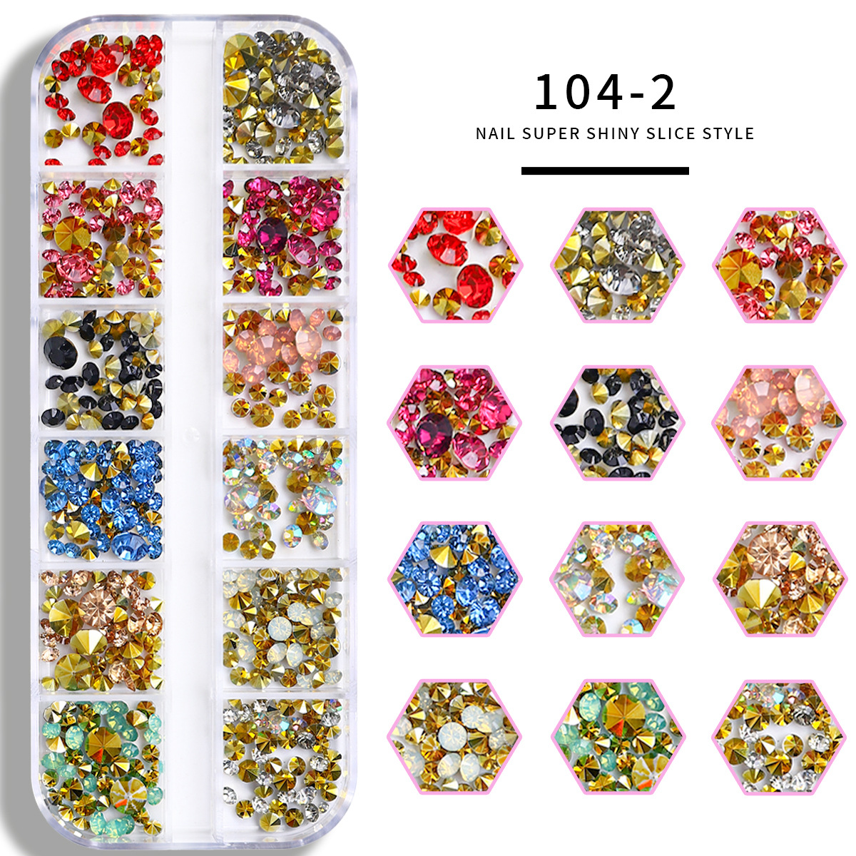 Set de joyas de uñas 12 barras de joyas taladro de uñas largo taladro de fondo plano mezclado taladro de forma especial superbrillante accesorios de uñas