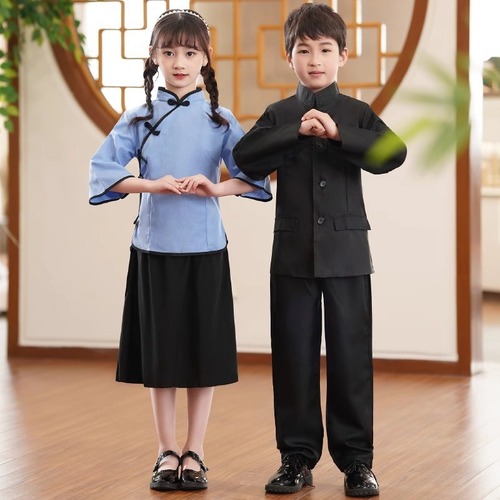 Children's Republican Era Style Performance Clothes Student Suit Zhongshan Suit for Boys and Girls Recitation and Chorus Clothing Performance May Fourth Youth Suit
