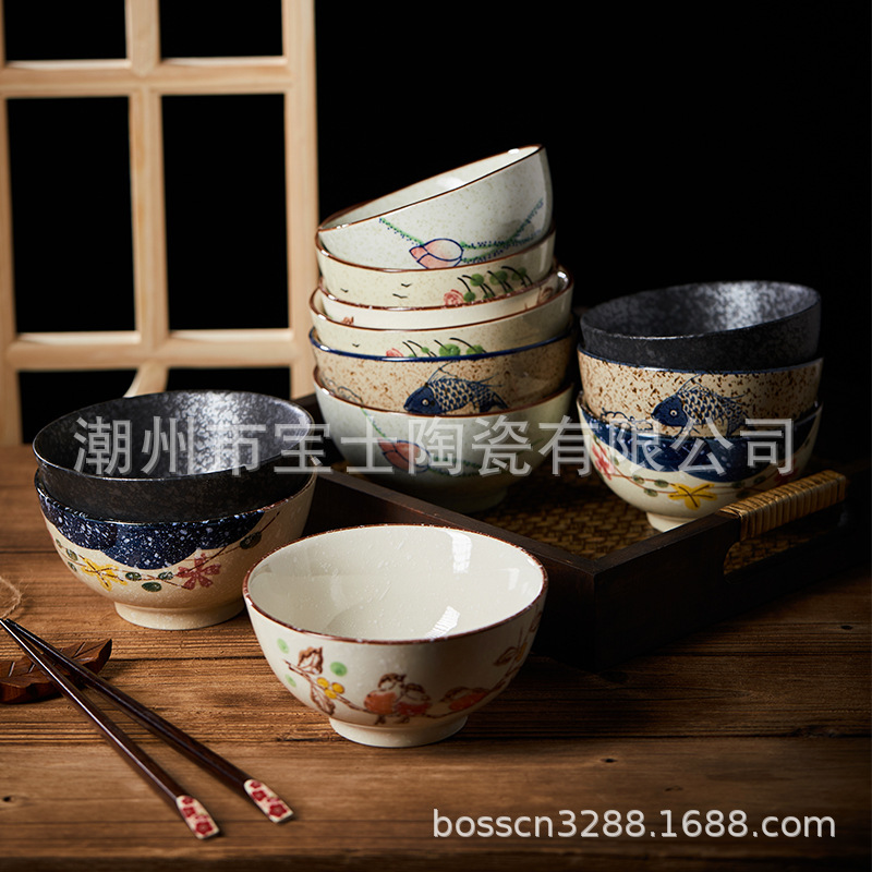 釉下彩工艺陶瓷碗家用吃饭碗手绘釉下小汤碗米饭碗创意餐具