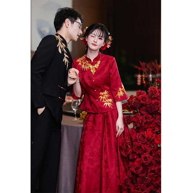 New Chinese-Style Wedding Dress for the Bride 2026 New Improved Cheongsam Red Two-Piece Set National Style Wedding Engagement Evening Dress