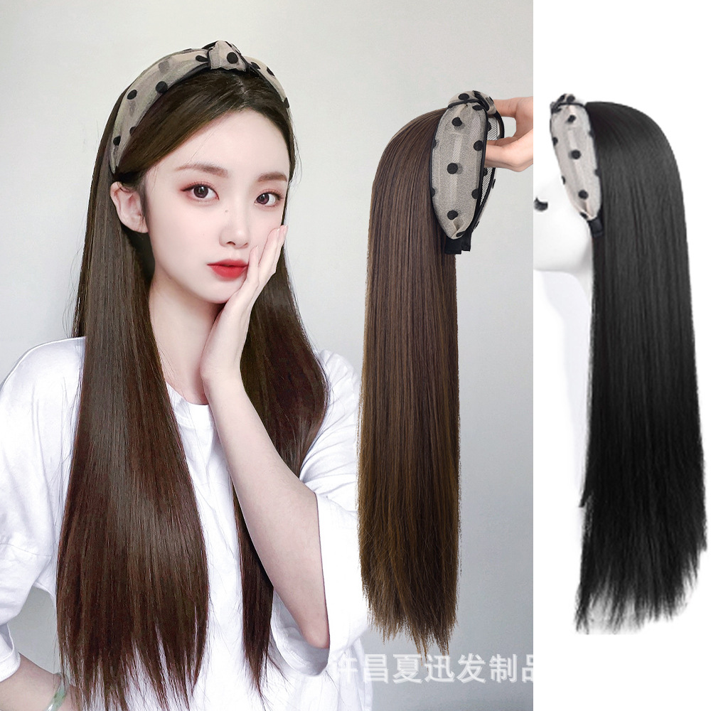 Mesh wave dot hairband wig half head cover women's long straight hair one-piece net red new wig fashion Joker wholesale