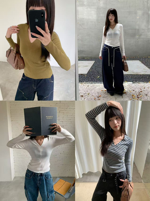誉一新款2025秋季甜辣风领针织衫女百搭修身显瘦长袖上衣女c3090|undefined