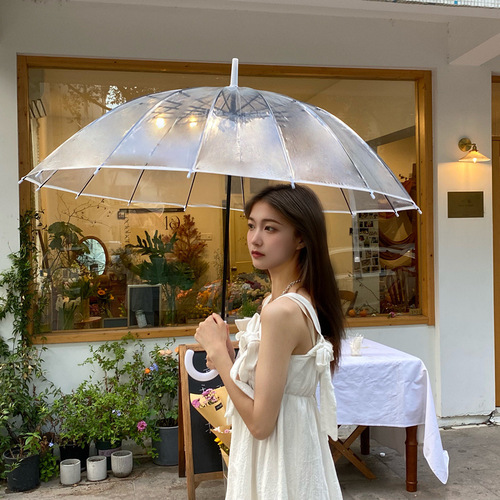 Japanese fresh sixteen-strand white side long handle Internet celebrity transparent umbrella thickened and widened wind-resistant simple fashion umbrella