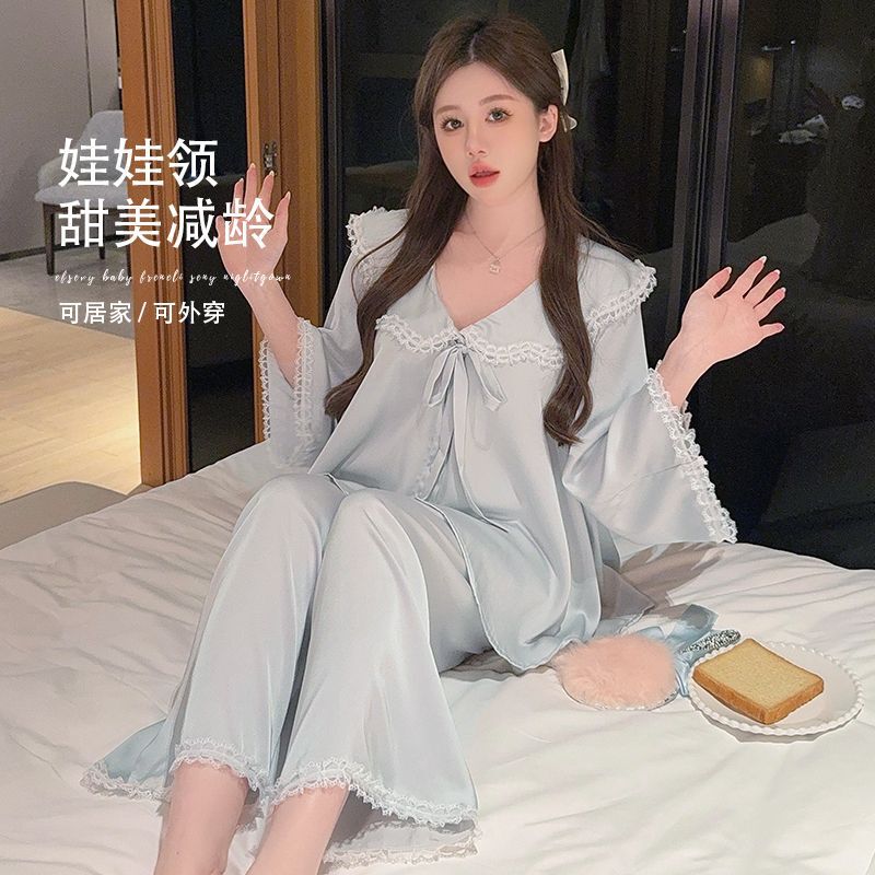 Factory Wholesale French Doll Collar Ice Silk Pajamas for Women Spring and Autumn Lightweight Cardigan Pure Desire Style Long Pants Home Wear Set
