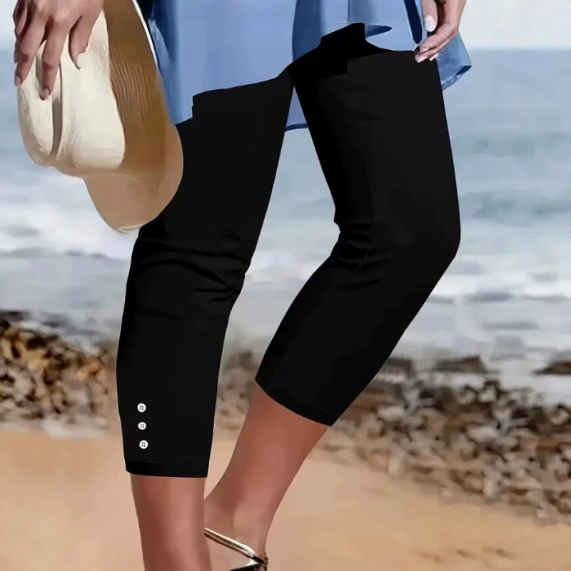 Cross-Border New Style Women's Elegant Color Capri Pants with Elastic Button Design, Machine Washable, Suitable for Spring and Summer, Casual and Formal Wear, Can Be Worn Outside