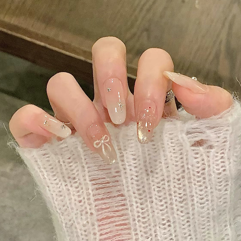Wearable Nail Patch Medium Oval Japanese Style Sweet Style Gradient Nail Patch Stereo Pearl Bow Manicure