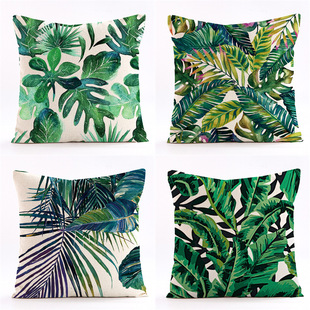 Amazon New Tropical Green Plant Leaves Banana Leaf Linen Pillowcase Printed Cushion Cover Car Sofa Backrest