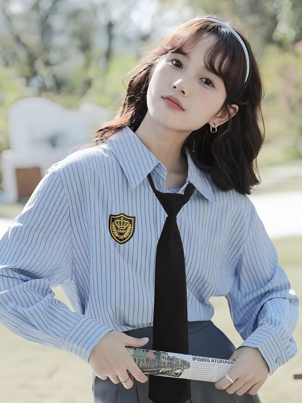 韩系jk制服蓝色条纹衬衫女学生外穿长袖上衣设计感小众百褶裙套装|undefined