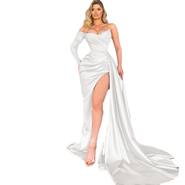2023 Comercio exterior europeo y americano nuevo vestido de mujer AliExpress off-Cuello lentejuelas blanco largo boda vestido de noche image 4