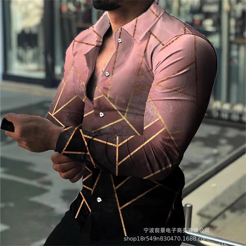 2025wish AliExpress 新しいメンズ 3D デジタルプリント長袖シャツ春メンズラペルスリムトップ|undefined