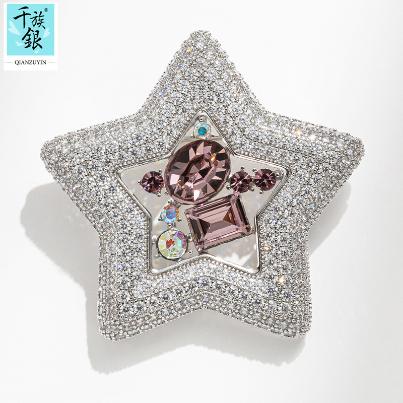 Minimalist Copper Pentagram Brooch with Zirconia Exquisite Pin Chic Suit Jacket Fashion Brooch