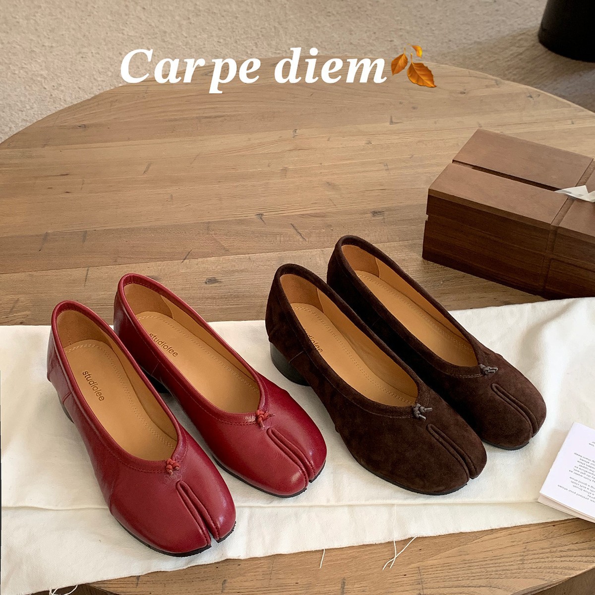 Grape Mom's Same Style in Stock ~ Increase Height by 4cm ~ Plant-Processed Sheepskin Pleated Ballet Thick Heel Split-Toe Pig's Trotters Shoes for Women