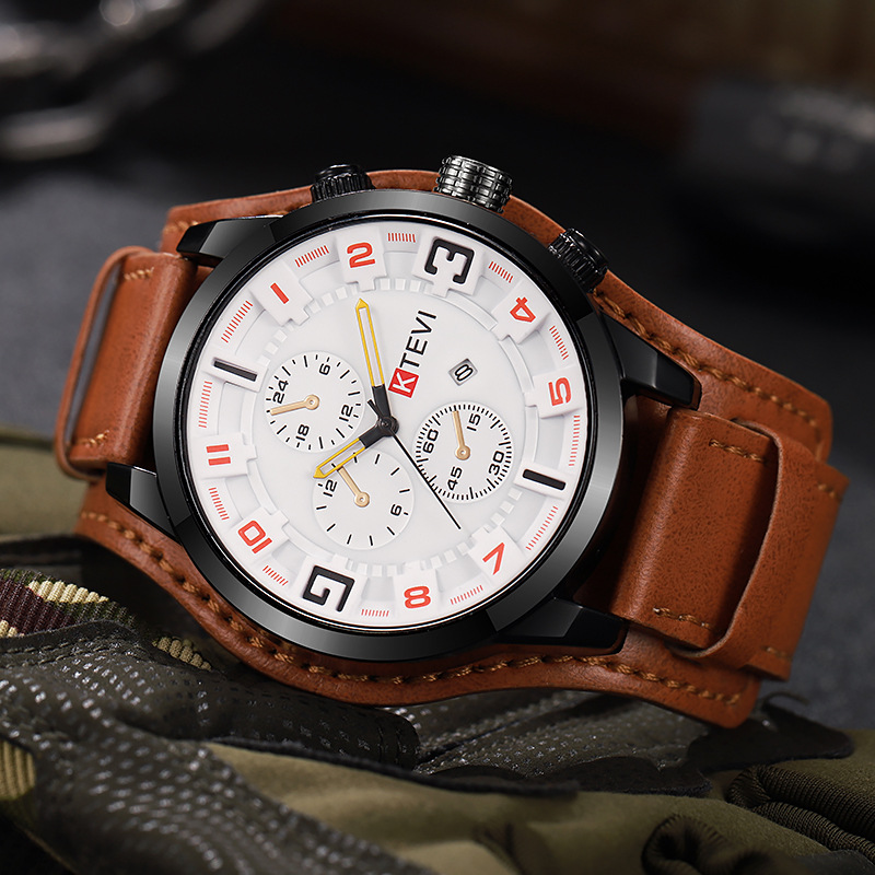 Cross-Border Best-Selling European and American Style Men's Leather Strap Large Dial Watch Calendar Quartz Watch Special Forces Influencer Watch