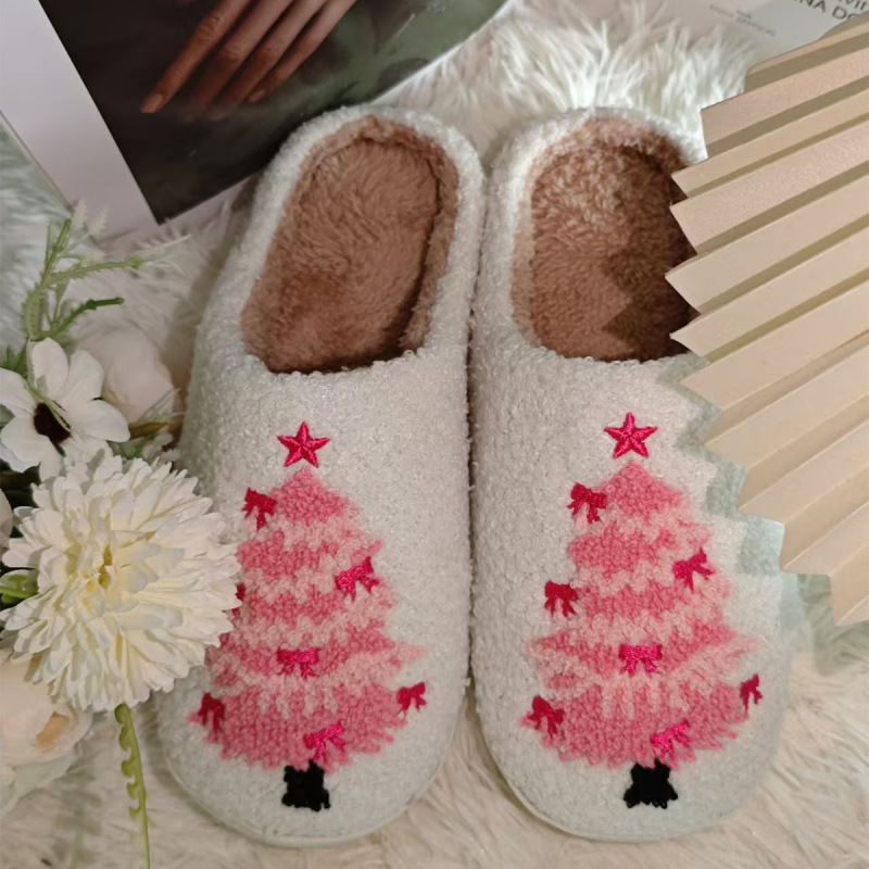 亚马逊跨境圣诞树棉拖鞋女款保暖棉拖圣诞节家居客厅静音棉拖鞋|undefined