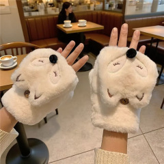手套女冬天加绒学生可爱翻盖防寒卡通加厚毛绒秋冬露指保暖手套女