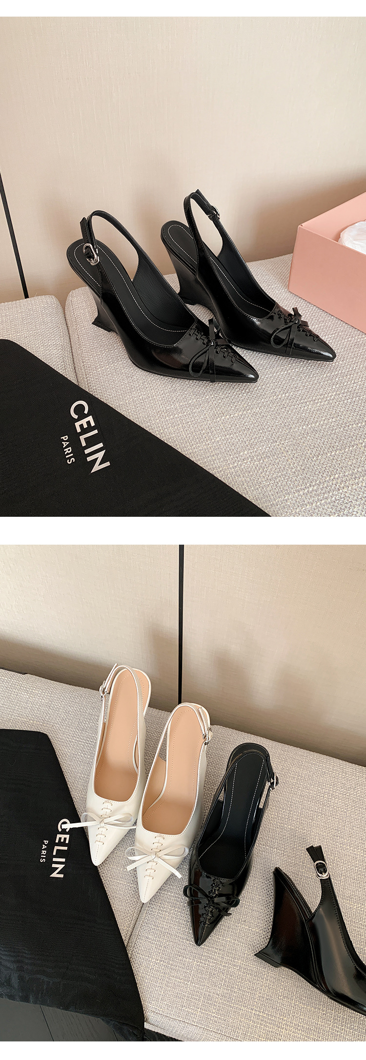 Sandal cao gót nữ mũi nhọn hở gót, gót xuồng 9 cm, nơ bướm — màu đen, màu trắng ngà chi tiết 19