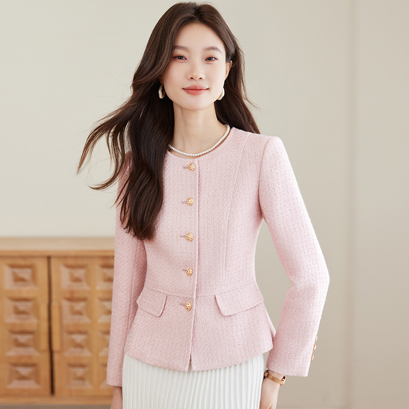 Pink Round Neck Blazer for Women, Long-Sleeved, High-End Tweed, Small Fragrant Style, Ladylike Elegant, Versatile Small Suit