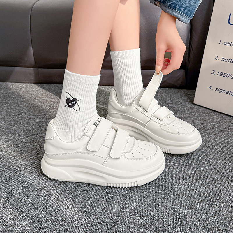 Velcro Thick-Soled White Sneakers for Women, New Spring Model, First-Layer Cowhide Sneakers, Genuine Leather Women's Shoes with Soft Soles That Are Comfortable