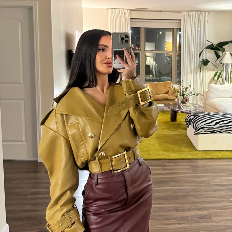 In Stock - High-End Solid Color Pu Leather Jacket with Suit Collar and Long Sleeves, 2026 Early Autumn New Model, Cross-Border European and American Style