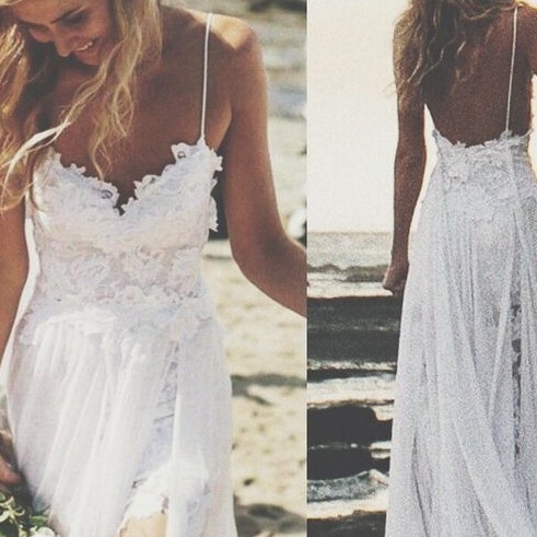 Bohemian Lace Chiffon Wedding Dress Fairy White Sling Dress Sexy Backless Travel Photo Honeymoon Vacation Light Wedding Dress
