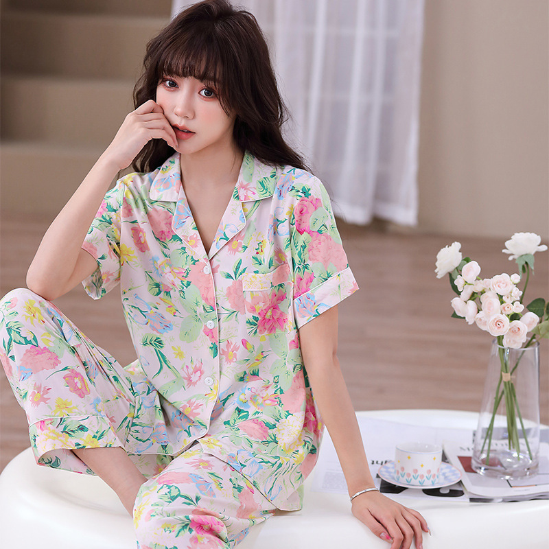 Spring and Summer thin pajamas women's short-sleeved trousers suit people cotton silk V-neck Korean style lapel button cardigan pajamas