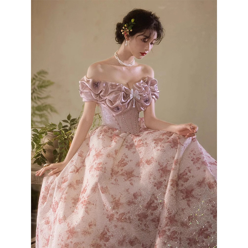 Francia retro vestido de brindis 2025 nuevo vestido de compromiso de banquete lujoso ligero nicho una chaqueta de hombro mujer