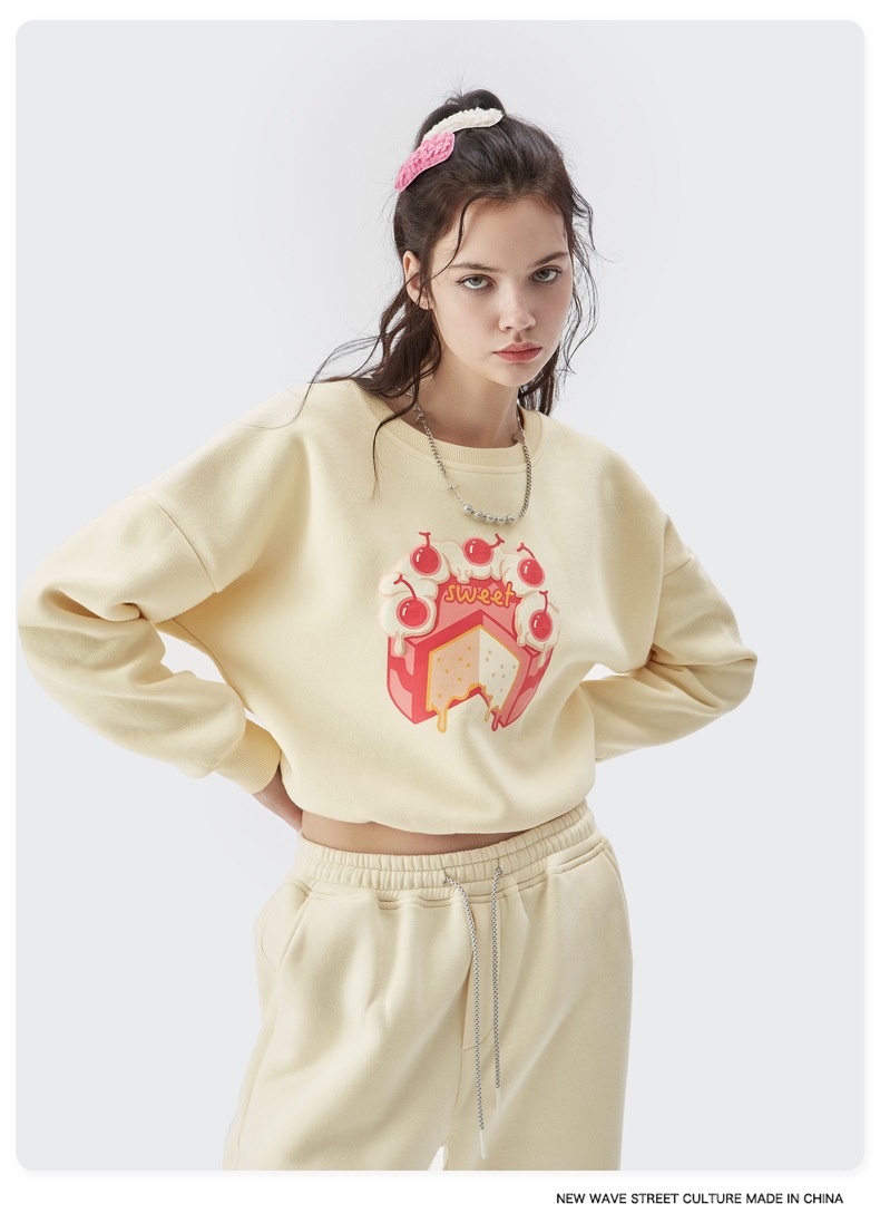 Velvet Puff Print Cream Cake Girl Cartoon round Neck Sweater - Hoodies & Sweatshirts - Uniqistic.com