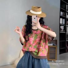 韩版休闲短袖女2024夏季新款印花棉质T恤 圆领百搭短款套头上衣女