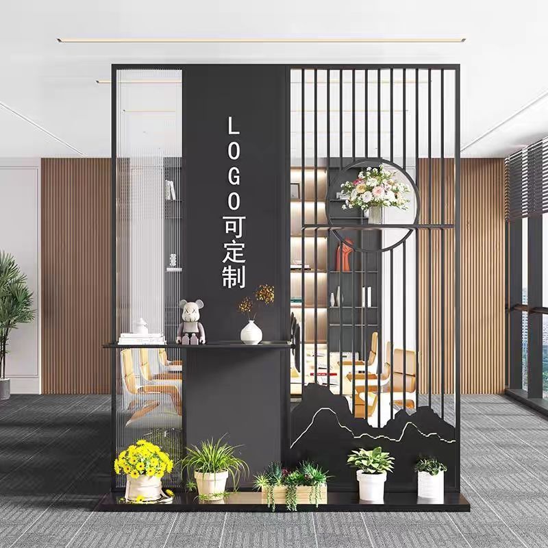 简约现代玻璃屏风隔断办公室形象墙公司入户玄关前台LOGO背景|undefined