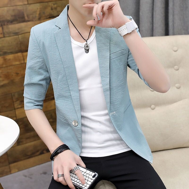 Summer New Style Mid-Sleeve Suit for Men, Slim Fit Plaid Versatile Thin Blazer, Trendy and Stylish Summer Outfit