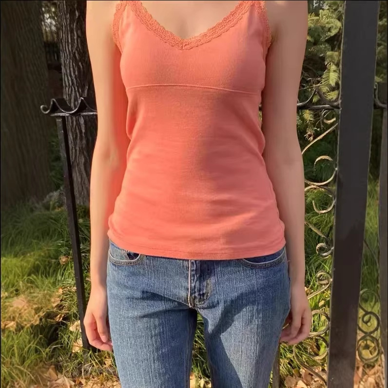 Bm American-Style Spicy Girl Style Orange V-Neck Lace Camisole for Women, Bm Cotton Inner Wear, Slim Fit, Flattering Outerwear Top