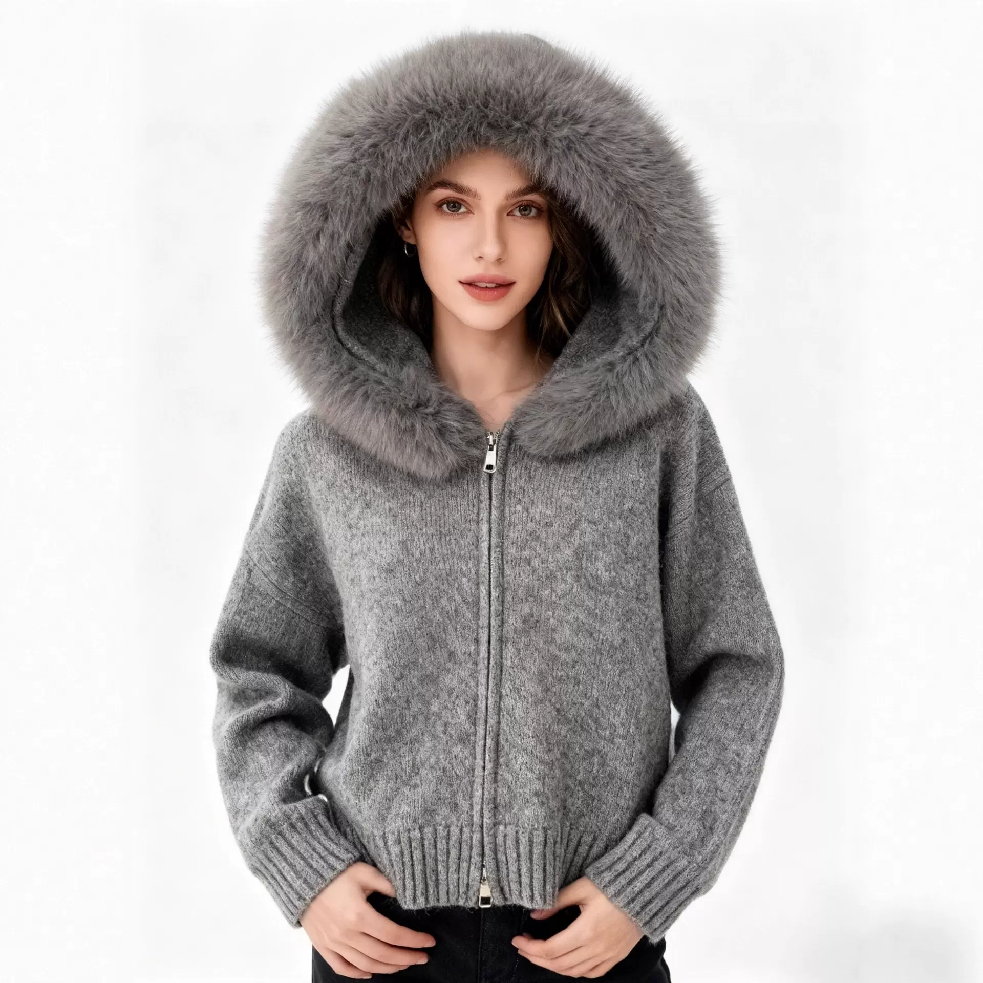 秋冬新款仿狐狸毛领连帽毛衣外套女短款小个子时尚洋气针织开衫厚