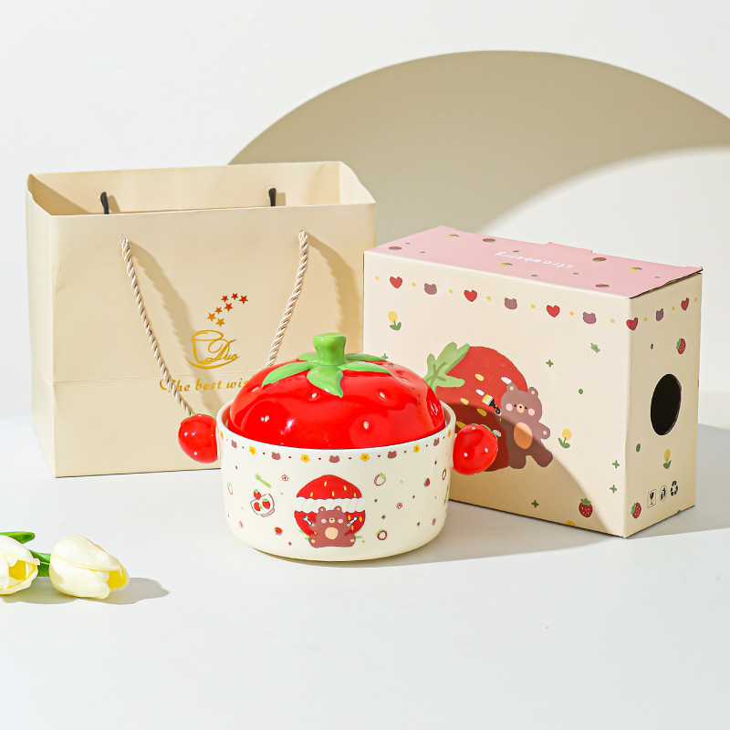 Cartoon Strawberry adorable tazón de fideos de chicas bolos de fideos caseros bolos de cerámica de doble oreja con cubierta cubierta de platos de regalo set de platos
