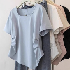 大きいサイズの微太ったmmの方襟の半袖のtシャツの女性の夏のしわのデザイン感は純粋に肉を遮りたいです。