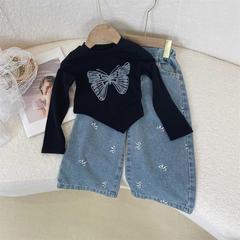 2025年女の子服春秋スタイル蝶長袖Tシャツ+リボンジーンズツーピーススーツ