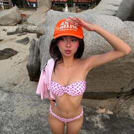 跨境欧美风波点抹胸比基尼女夏季性感扭结高腰三角裤分体泳衣套装