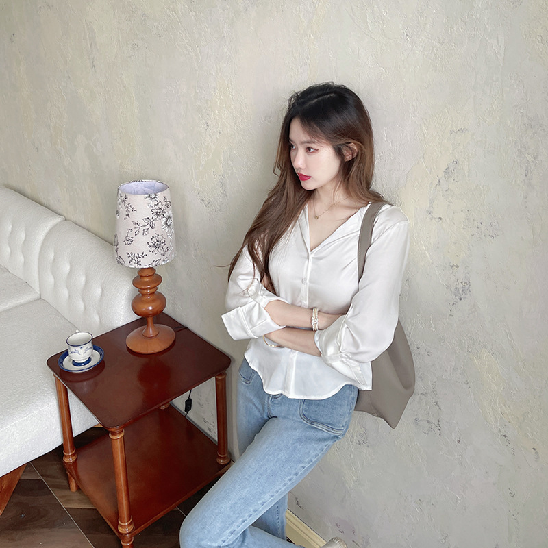 Same Style Satin Acetic Acid White Shirt Women's Summer Thin Long Sleeve Shirt