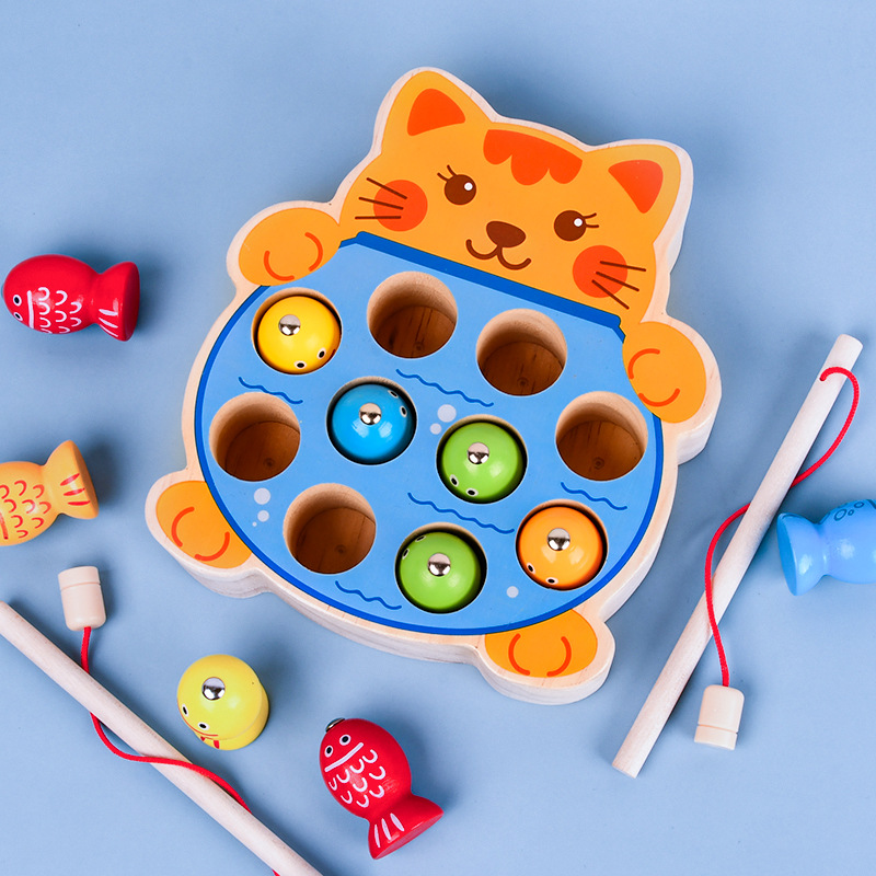 Cross-border new kitten frog dinosaur fishing game children's educational early education hand-eye coordination wooden toy
