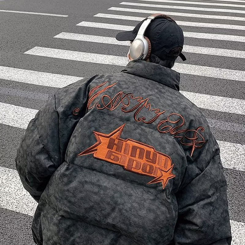 Estilo americano retro pareja suelta marca de moda pan abrigo de algodón acolchado de los hombres de la calle hip hop abrigo de algodón acolchado bordado de invierno