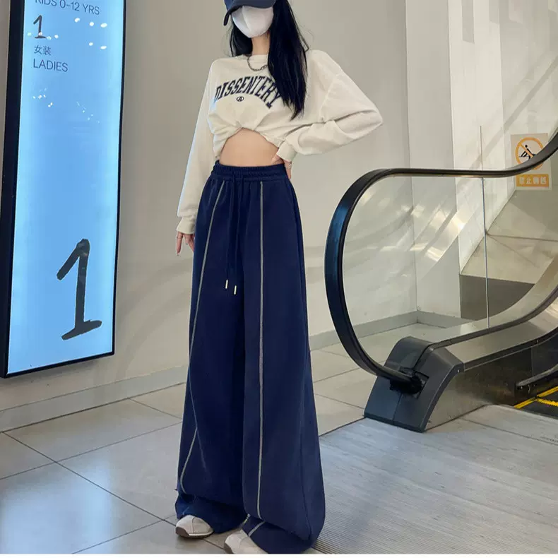 美式慵懒风撞色运动卫裤女春秋新款高腰显瘦阔腿裤宽松直筒休闲裤