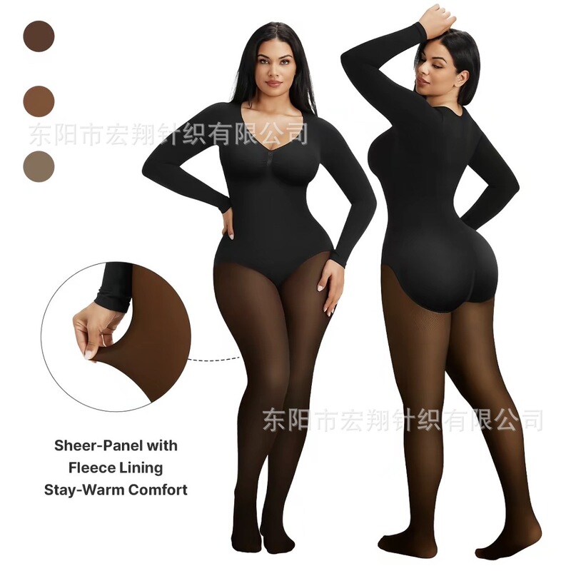 Seamless Tight-Fitting Long-Sleeve Bodysuit with Fleece Lining, Tummy Control, Open-Crotch, Butt-Lifting Shapewear, Body Shaping Bodysuit