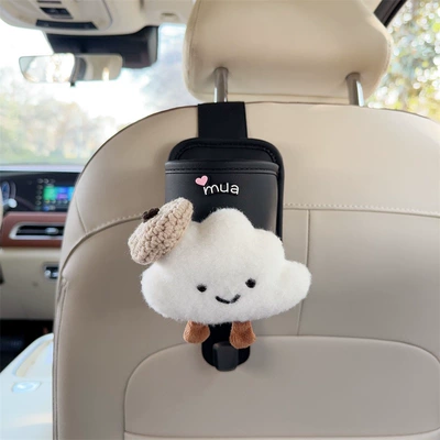 Car cup holder/beverage holder, multifunctional car interior organizer, hook - black-leather-cup-holder-with-hook-and-white-cloud-beige-beret