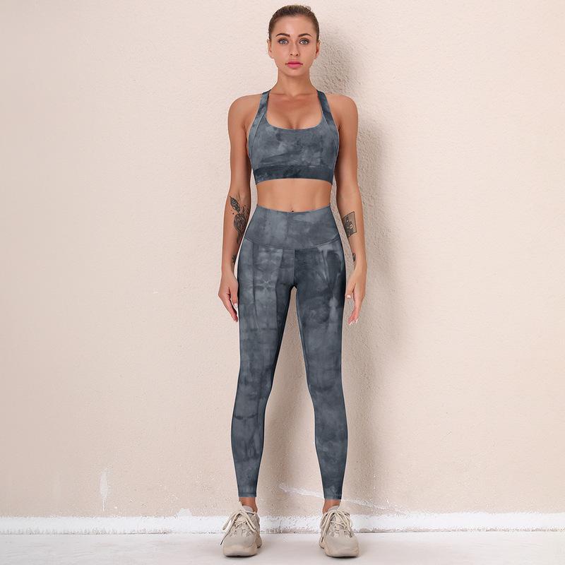 Conjunto de yoga de chaleco y pantalones de alta elasticidad con efecto tie-dye NSNS103603