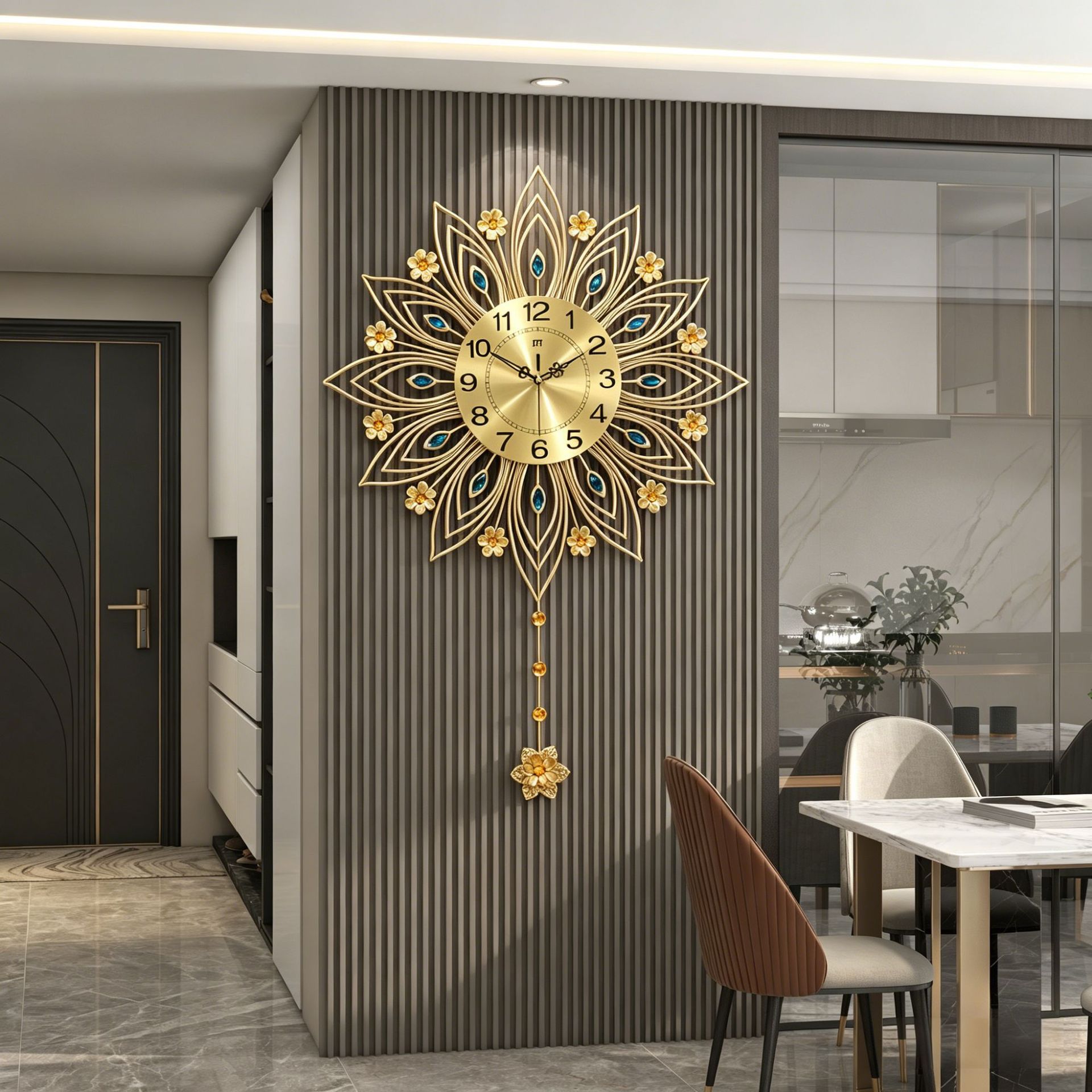 Reloj de lujo ligero de estilo europeo, reloj de pared, sala de estar, sensación de alta gama, decoración del hogar, reloj de pavo real, pared, estilo explosivo transfronterizo de Amazon