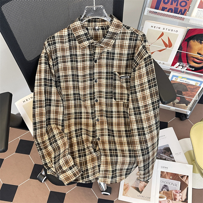 Long-Sleeved Layered Inner Layering Couple's High-End Plaid Shirt Jacket American Retro Red and Black Plaid Shirt for Men