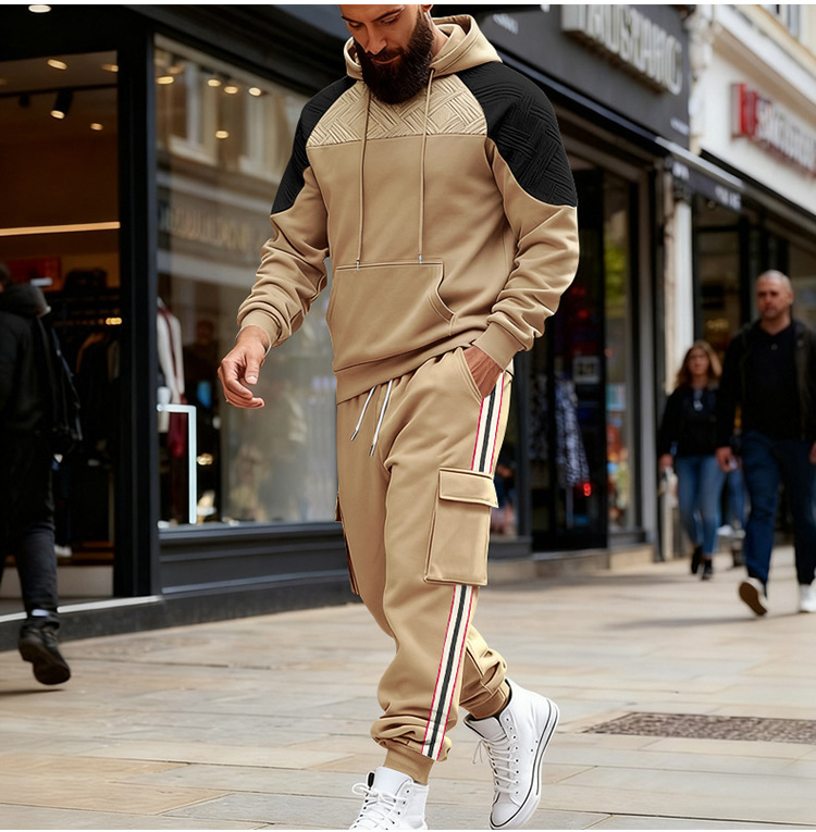 Men's Clothing Men's Heavyweight Casual Hooded Sweatshirt And Sweatpants Set Color Block Outdoor Commuter Style Loose Fit_viptrois.com