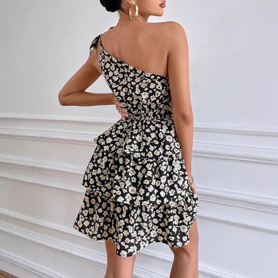 Summer One-shoulder Lace-up Bohemian Floral dress Women's elastic waist layered floral print A- line dress