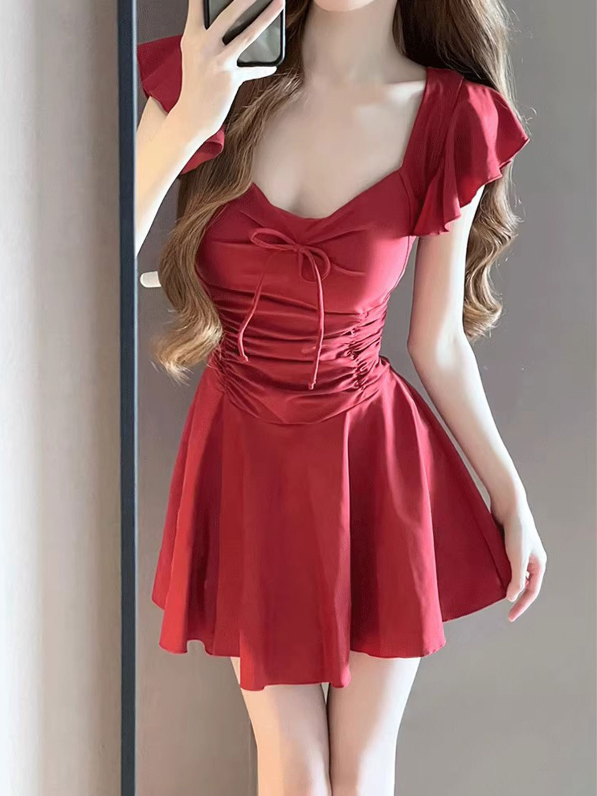 2025 nuevo traje de baño de aguas termales de una pieza para mujer, vestido delgado y conservador para cubrir el vientre, traje de baño de vacaciones rojo retro con pechos pequeños