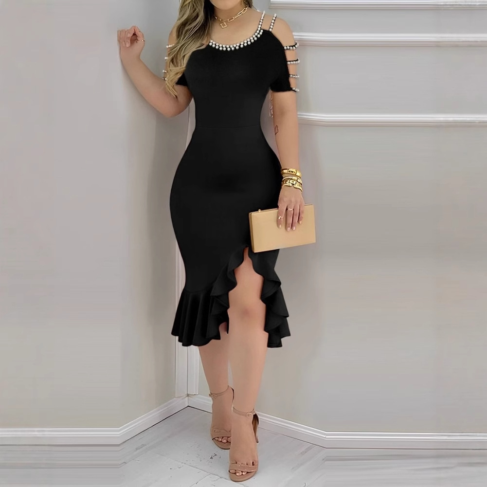 Abbigliamento da donna Saldi estivi Vestito aderente con spacchi arricciati e decorato con perle per le donne_voghion.com