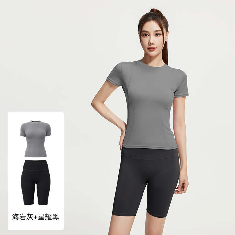Juyi Tang verano yoga camisa de mangas cortas para mujeres delgada secado rápido y transpirable ajuste deportivo para correr y fitness set